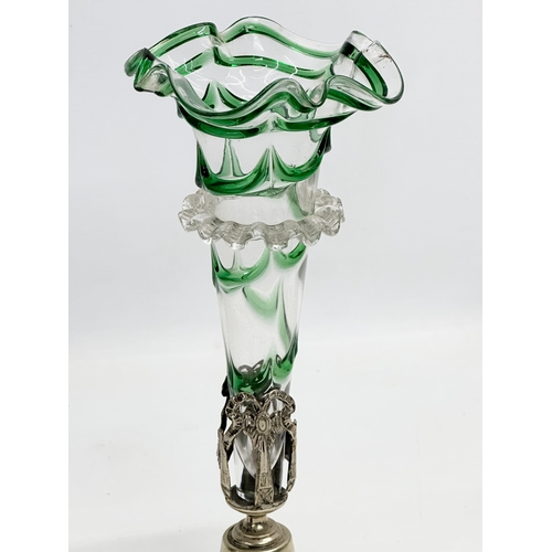 58 - 4 Late 19th Century glass epergne vases on silver plated stands. A good quality green frilled rim va... 