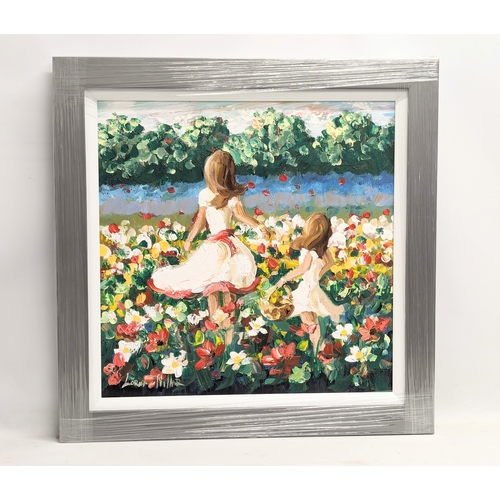 390K - A large oil painting by Lorna Millar. Titled 'Picking Wild Flowers With Mum.' 59.5x60cm. Frame 76x76... 