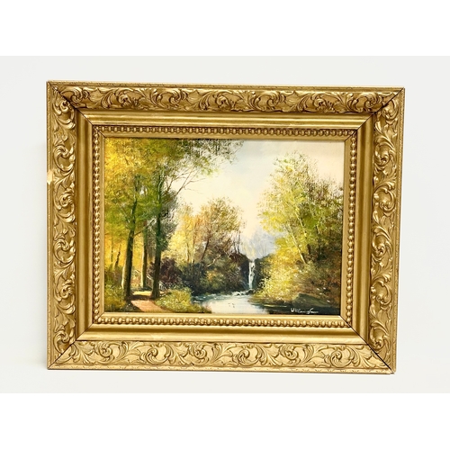 390L - An oil painting on canvas by Will Cunningham. River Glenariff. In a late Victorian gilt frame. 40x30... 