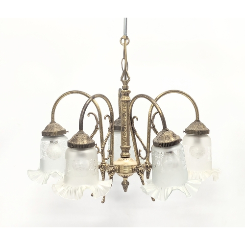 679 - A mid to late 20th century brass chandelier with etched glass shades with frilled rims. 56x66cm