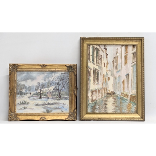 654 - 2 vintage gilt framed oil paintings, signed J. Moore, and G. Wilding, Venice, 1986. Largest measures... 