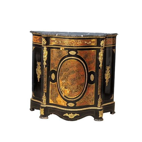 1122 - A Victorian style serpentine front profusely brass inlaid credenza with marble top and gilded brass ... 