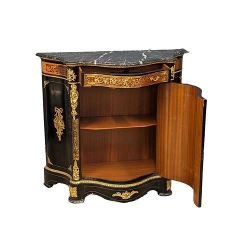 1122 - A Victorian style serpentine front profusely brass inlaid credenza with marble top and gilded brass ... 