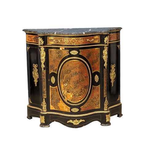 1122 - A Victorian style serpentine front profusely brass inlaid credenza with marble top and gilded brass ... 