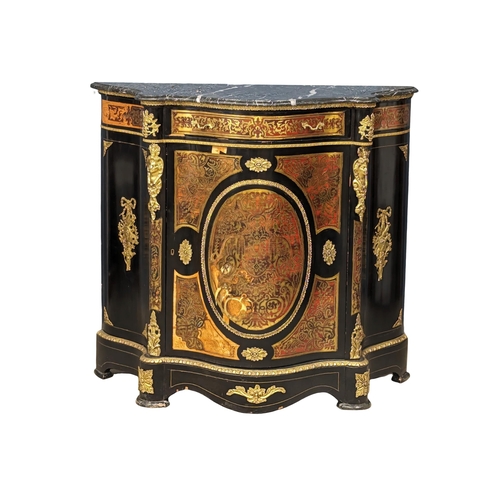 1122 - A Victorian style serpentine front profusely brass inlaid credenza with marble top and gilded brass ... 