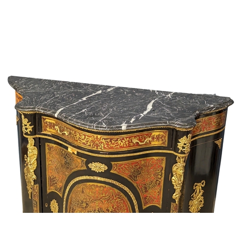 1122 - A Victorian style serpentine front profusely brass inlaid credenza with marble top and gilded brass ... 