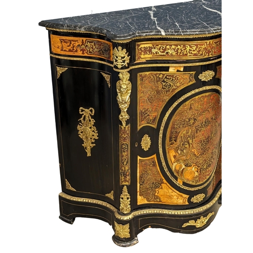 1122 - A Victorian style serpentine front profusely brass inlaid credenza with marble top and gilded brass ... 