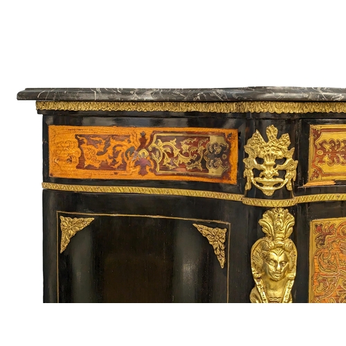 1122 - A Victorian style serpentine front profusely brass inlaid credenza with marble top and gilded brass ... 