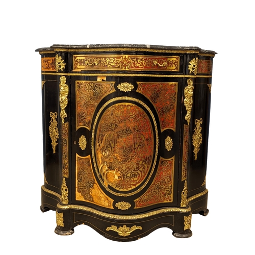 1122 - A Victorian style serpentine front profusely brass inlaid credenza with marble top and gilded brass ... 