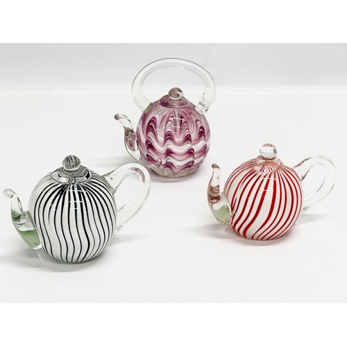 66 - 3 Art Glass teapot paperweights. 14x10cm