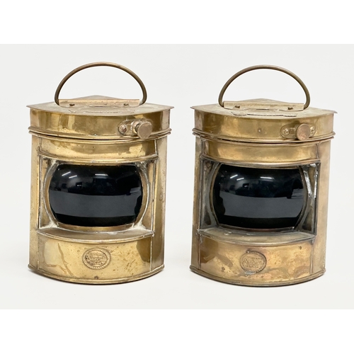 82 - A pair of Shepperton Nauticalia ‘Starboard’ brass ships lanterns with blue glass. 11.5x10.5x13.5cm