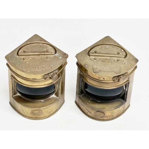 82 - A pair of Shepperton Nauticalia ‘Starboard’ brass ships lanterns with blue glass. 11.5x10.5x13.5cm