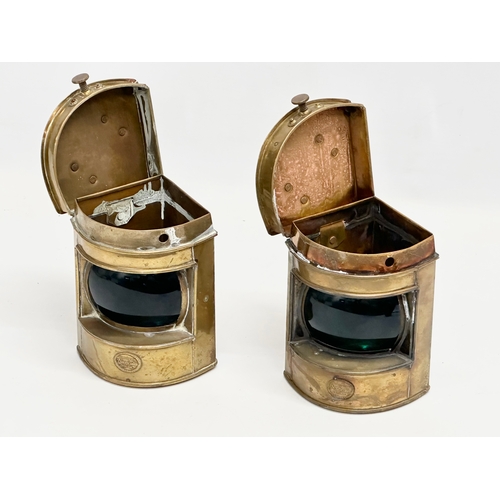 82 - A pair of Shepperton Nauticalia ‘Starboard’ brass ships lanterns with blue glass. 11.5x10.5x13.5cm