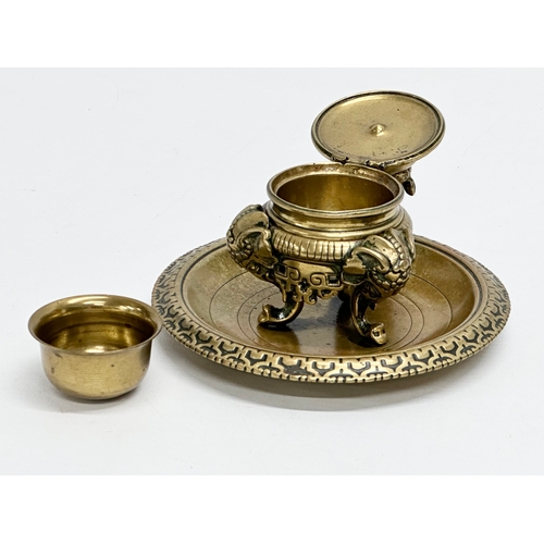 17 - A Late 19th Century Victorian brass Burmese style inkwell/inkstand. 12.5x10cm