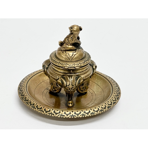 17 - A Late 19th Century Victorian brass Burmese style inkwell/inkstand. 12.5x10cm