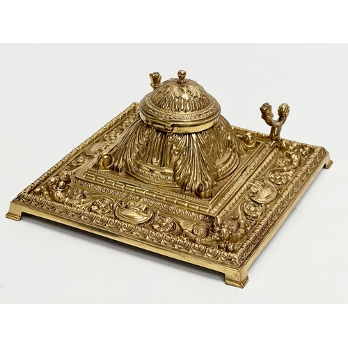 36 - A Late 19th Century Victorian brass inkstand/inkwell with original Bristol Blue liner. 18.5x18.5x10c... 