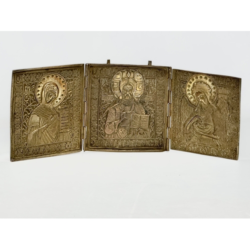 14 - A Late 18th/Early 19th Century Russian Triptych brass religious icon. Open 36.5cm. 13x14.5cm closed.