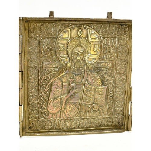 14 - A Late 18th/Early 19th Century Russian Triptych brass religious icon. Open 36.5cm. 13x14.5cm closed.