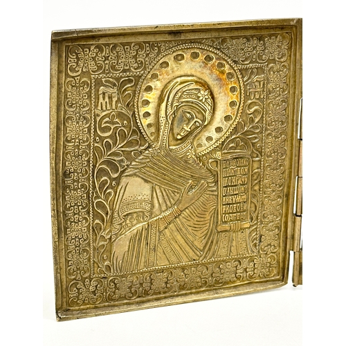 14 - A Late 18th/Early 19th Century Russian Triptych brass religious icon. Open 36.5cm. 13x14.5cm closed.