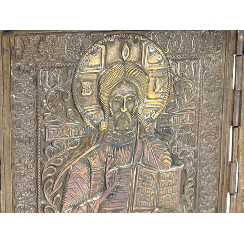 14 - A Late 18th/Early 19th Century Russian Triptych brass religious icon. Open 36.5cm. 13x14.5cm closed.