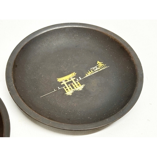 4 - An excellent set of 6 signed Japanese Meiji period Amita gold and silver inlaid iron dishes. 10cm