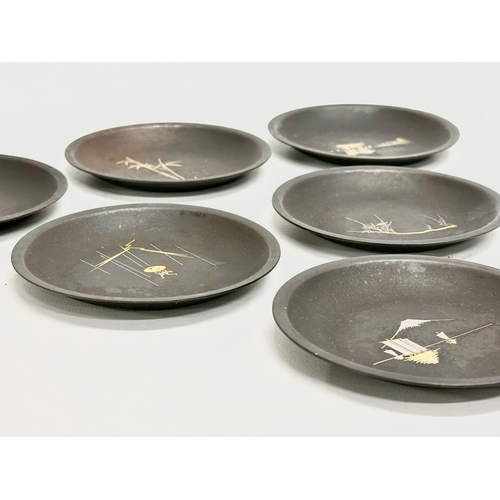 4 - An excellent set of 6 signed Japanese Meiji period Amita gold and silver inlaid iron dishes. 10cm