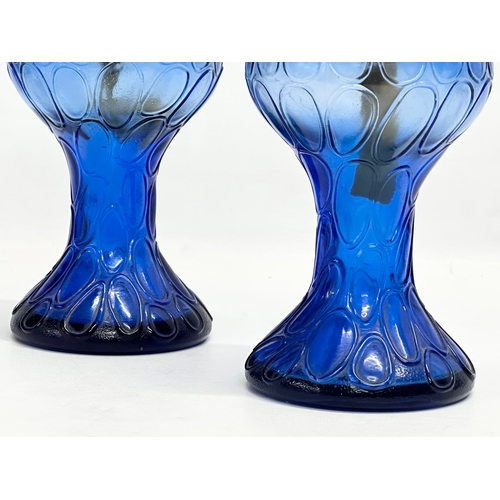 222 - A pair of Early 20th Century Bristol Blue glass oil lamps. 22cm