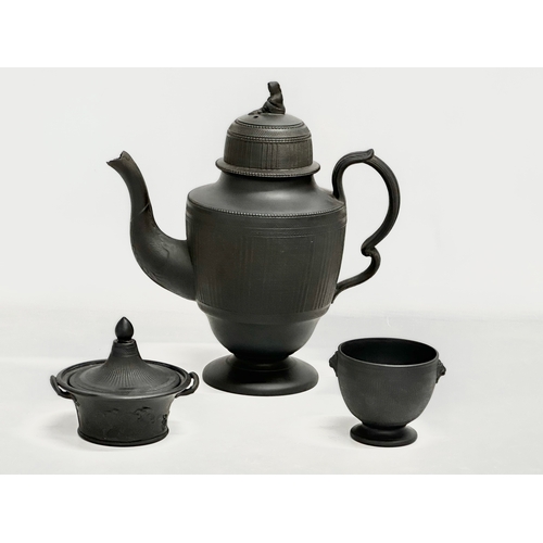 30 - 3 pieces of Late 18th/Early 19th Century black Basalt pottery. An unmarked basalt coffee pot, circa ... 