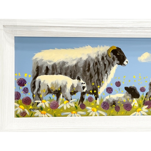 291 - An oil painting on board by Ron Keefer. Sheep in the Field. 75x29cm. Frame 87.5x41cm