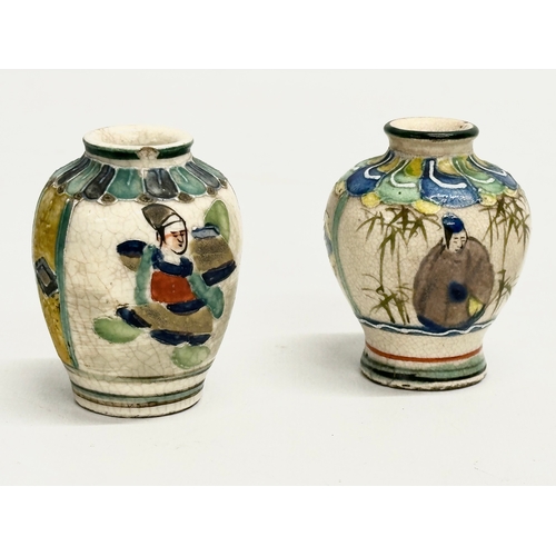 336 - 3 Early 20th Century signed Japanese hand painted vases by Satsuma. 13cm