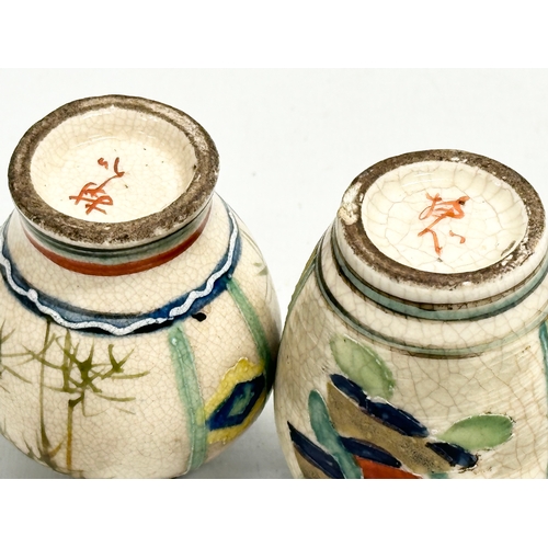 336 - 3 Early 20th Century signed Japanese hand painted vases by Satsuma. 13cm