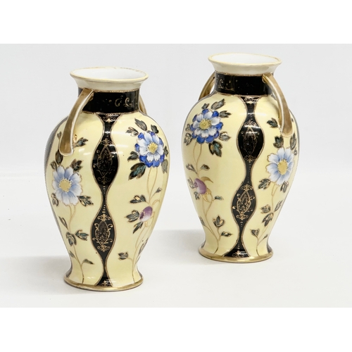 349 - A pair of Early 20th Century Japanese hand painted vases by Noritake. Circa 1905-1920. 11x11x19.5cm