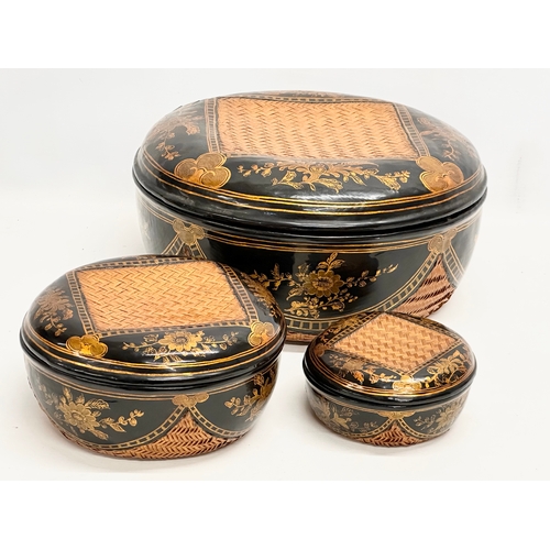 374 - 3 Japanese hand painted lacquered baskets with lids. 33x16cm