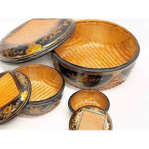 374 - 3 Japanese hand painted lacquered baskets with lids. 33x16cm