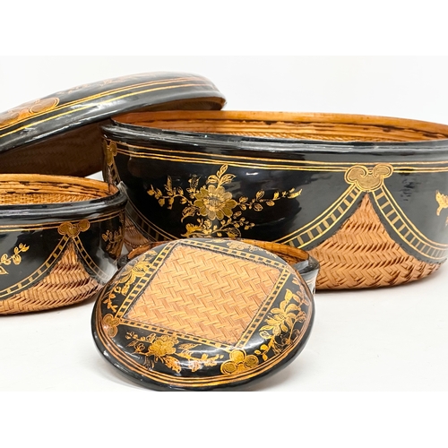 374 - 3 Japanese hand painted lacquered baskets with lids. 33x16cm