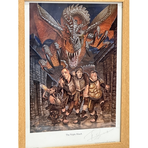 105C - 3 signed Paul Kidby Limited Edition prints. A View of Lancre 272/950. Wyrd Sisters. The Night Watch.... 