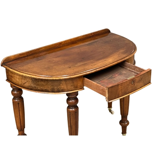 1253 - A Victorian mahogany gallery back demi-loon front hall table with drawer, 107x55x80cm