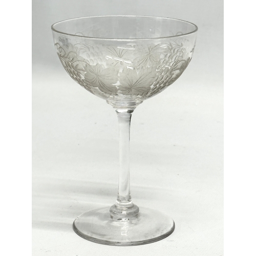 67 - A set of 6 Late 19th Century champagne cocktail glasses with etched autumn leaves and grape vine pat... 