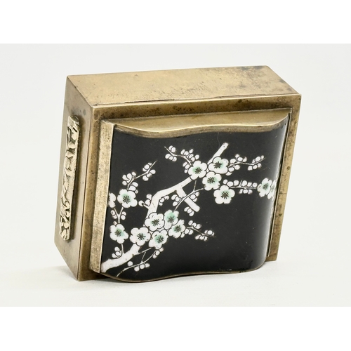 97 - An Early 20th Century Chinese brass and enamel cigarette/trinket box. 9x8x5cm