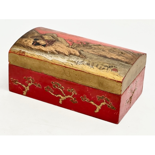 6 - A Late 19th Century Japanese style tea caddy with embossed hand painted mountains, trees and pagodas... 