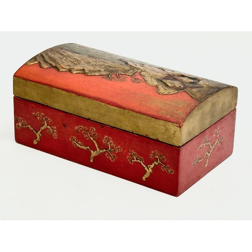 6 - A Late 19th Century Japanese style tea caddy with embossed hand painted mountains, trees and pagodas... 