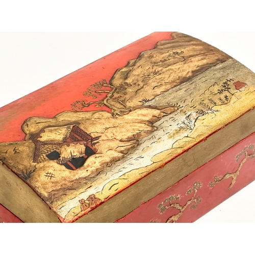 6 - A Late 19th Century Japanese style tea caddy with embossed hand painted mountains, trees and pagodas... 