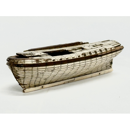 40 - An Early 19th Century Napoleonic Prisoner of War ship. Bone over wood. Circa 1800-1815. 15.5x5x4cm