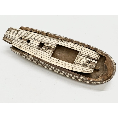 40 - An Early 19th Century Napoleonic Prisoner of War ship. Bone over wood. Circa 1800-1815. 15.5x5x4cm