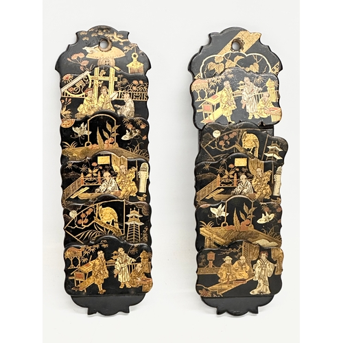 47 - Early 20th Century Japanese hand painted lacquered wall mounted racks and 2 pocket match holder. Cir... 