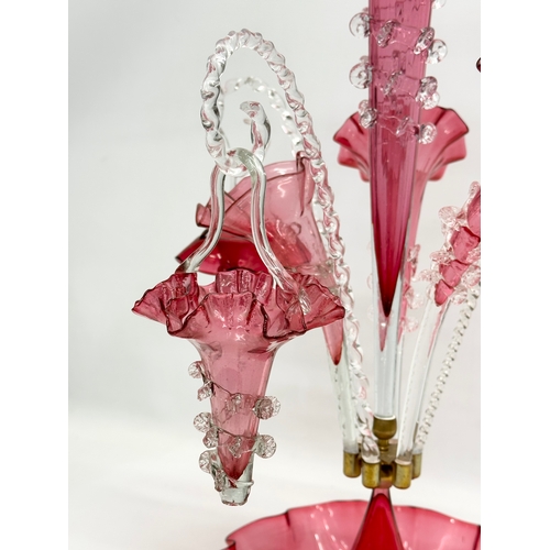 14 - A large Victorian cranberry glass epergne. 36x60cm