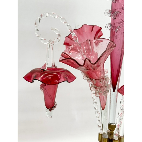 14 - A large Victorian cranberry glass epergne. 36x60cm