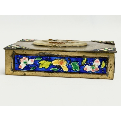 100 - A Late 19th/Early 20th Century Chinese brass and enamel trinket box/cigarette case, with jade stone ... 