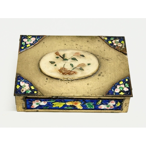 100 - A Late 19th/Early 20th Century Chinese brass and enamel trinket box/cigarette case, with jade stone ... 