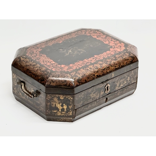 101 - A large Late 19th Century Chinese hand painted, lacquered, fitted work box/sewing box. 37x27x14.5cm